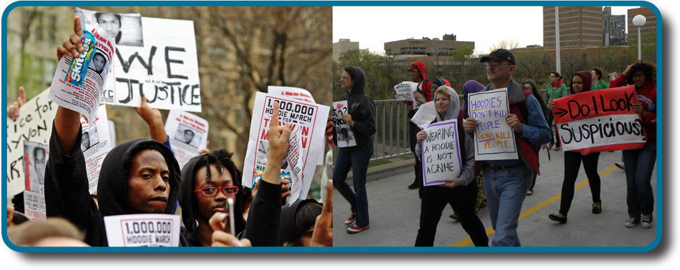 两张照片显示，人们在公共活动中举着牌子以回应特雷冯·马丁的死亡。 这些标语包括诸如 “正义”、“穿连帽衫不是犯罪”、“连帽衫不会杀人；枪杀人” 和 “我看起来可疑吗？” 之类的文字和信息