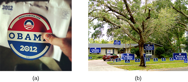 Photograph A shows a campaign button. Photograph B shows a yard filled with numerous signs.