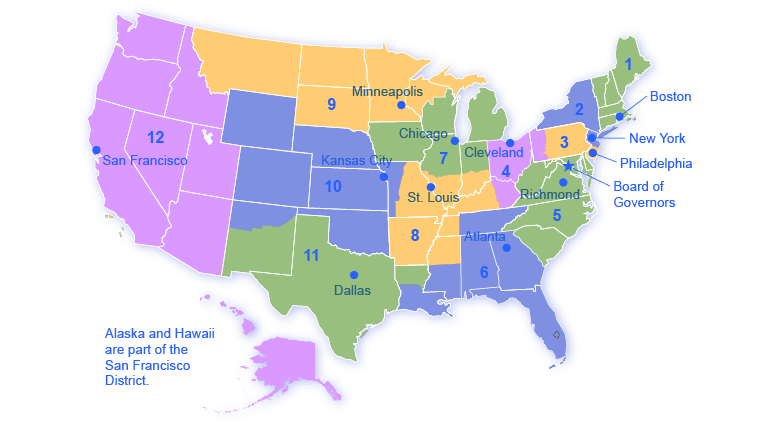 تُظهر هذه الخريطة للولايات المتحدة مناطق الاحتياطي الفيدرالي الـ 12: بوسطن ونيويورك وفيلادلفيا وكليفلاند وريتشموند (فيرجينيا) وأتلانتا وشيكاغو وسانت لويس ومينيابوليس وكانساس سيتي ودالاس وسان فرانسيسكو.