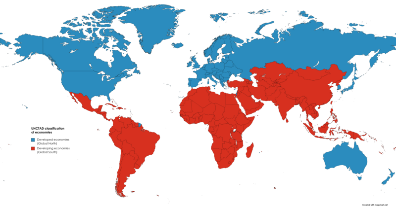 World map with countries in the northern half of the global colored in red and countries in the southern half colored in blue.