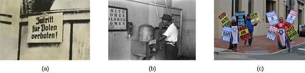 照片 A 显示了用德语写的标语。 照片 B 显示一名男子在饮水机里喝水。 照片 C 显示两个人举着带有仇恨信息的标语。