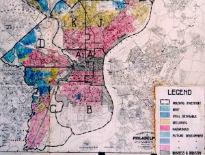 Historic redlining map depicting redlined areas of Philadelphia