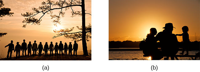 照片 A 显示一大群人牵着手，远处有夕阳。 照片 B 显示了水边三个人之间的密切关系。