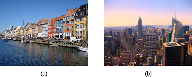 照片 A 显示了丹麦水边的一排建筑物。 照片 B 显示了美国一座城市的鸟瞰图，其中包括几座摩天大楼。