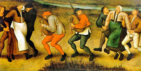 لوحة تُظهر مجموعة من الحجاج يرقصون بطريقة تبدو غير متناسقة وبلا هدف.