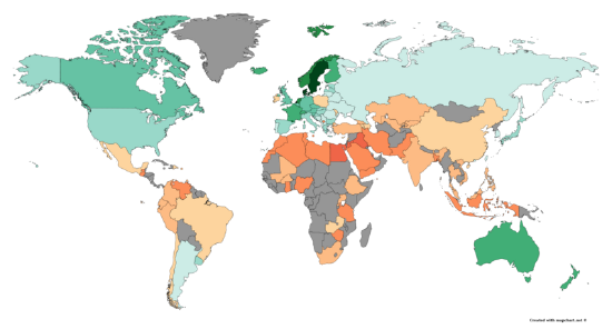 Countries color coded by red and green for collectivistic vs. individualistic cultures.
