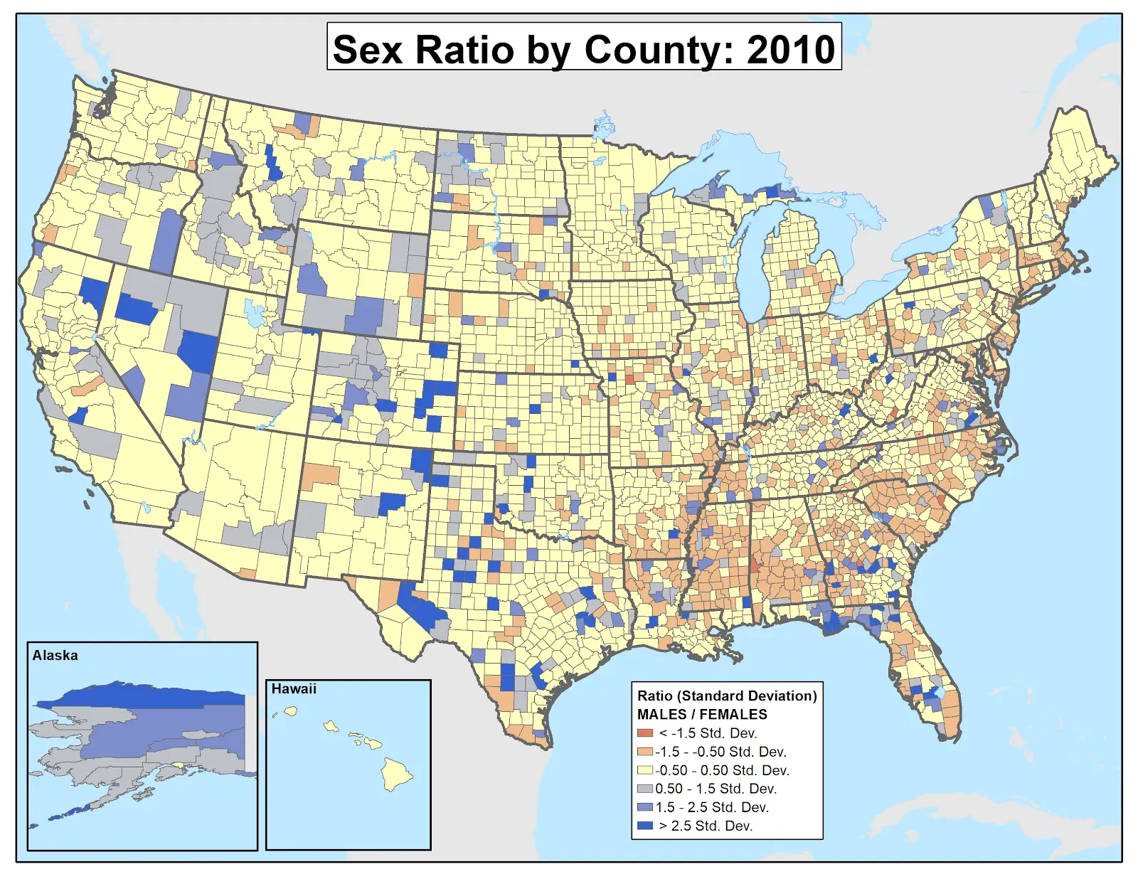 Map of the U.S. showing 2010 sex ratio by county. Color-coding indicates standard deviation ranges of male-to-female ratios. Alaska and Hawaii are inset, using the same color scheme.
