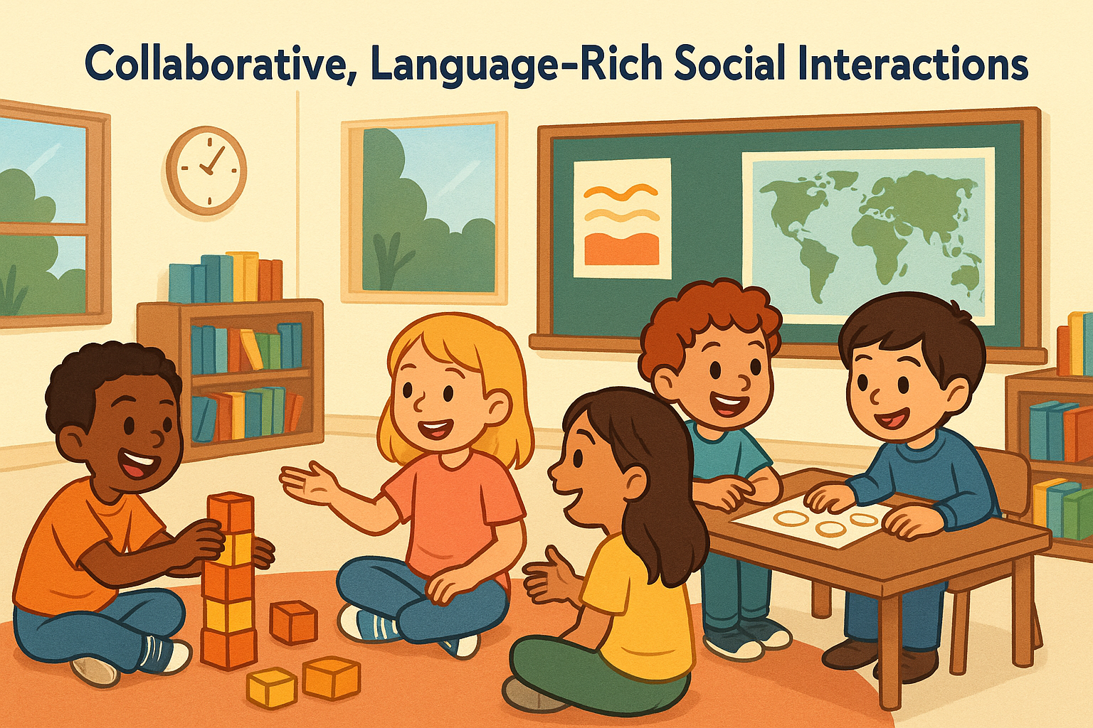 Classroom image showing children working and playing together,