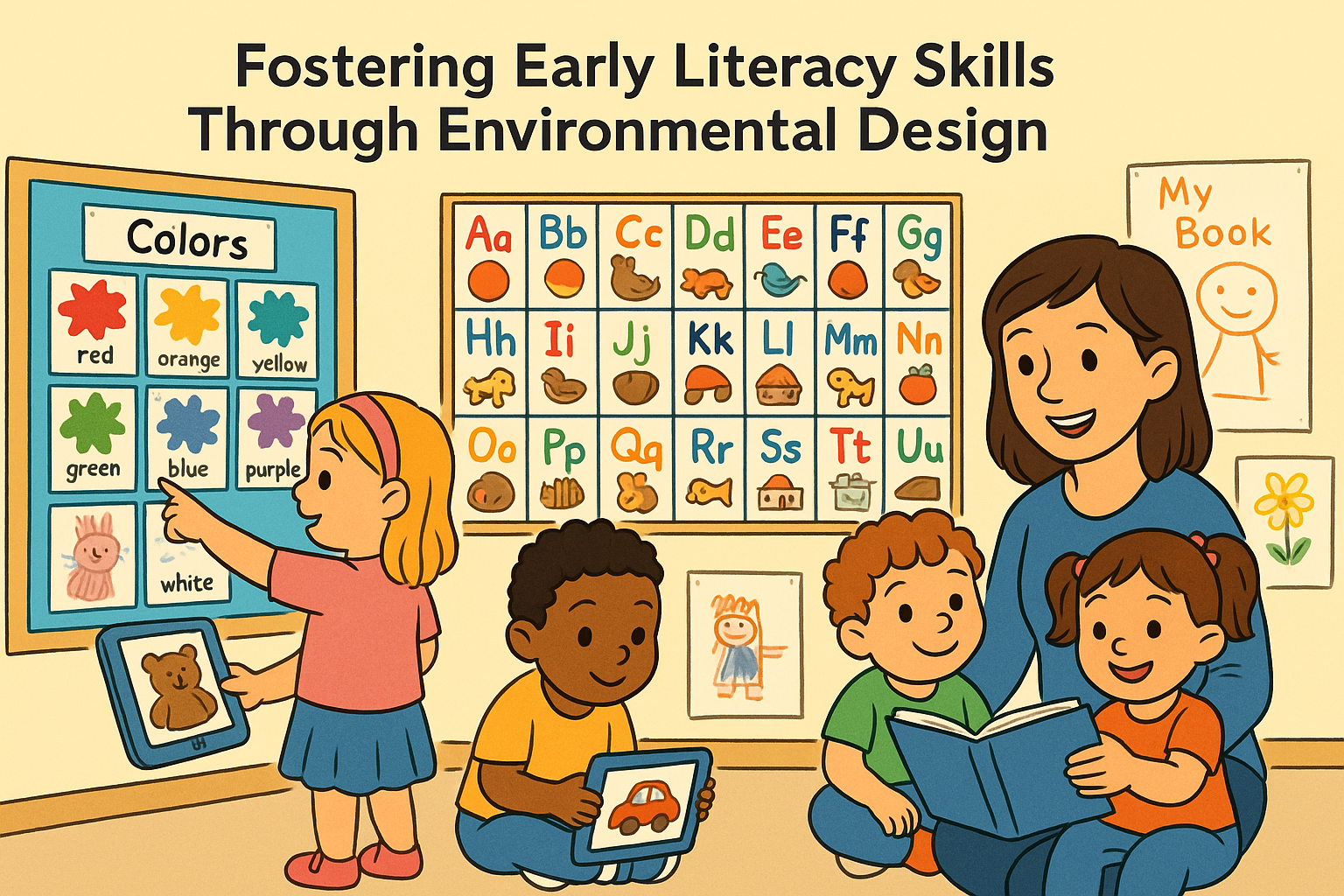 Alphabet charts and classroom images supporting language development