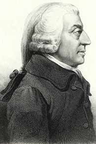 A imagem é um esboço do perfil de Adam Smith.