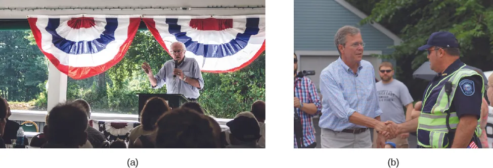 Image A is of Bernie Sanders speaking to a group of seated people. Image B is of John Ellis &ldquo;Jeb&rdquo; Bush shaking hands with another person.
