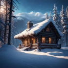 A cabin in the snowDescription automatically generated