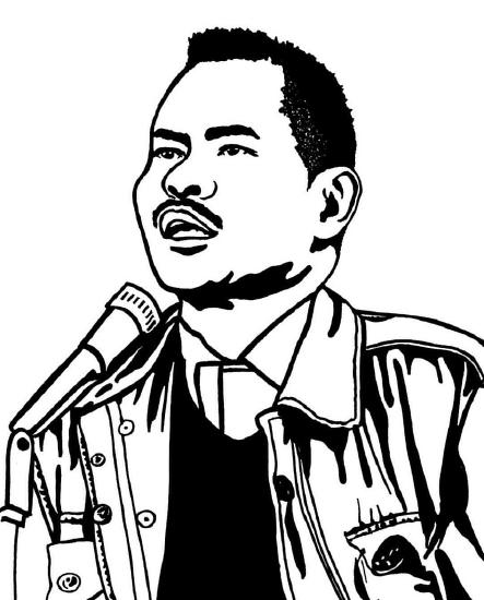 Outline image if Larry Itliong speaking into a microphone