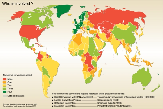 A world map titled &ldquo;Who is involved?&rdquo; shows the level of participation by countries in four international conventions related to hazardous waste production and trade. Countries are color-coded based on the number of conventions they have ratified:  Red: One convention ratified  Yellow: Two conventions ratified  Green: Three conventions ratified  Dark Green: All four conventions ratified  Grey: No data available  The map uses these colors to visually represent each country&rsquo;s commitment to global hazardous waste regulation.  Conventions Represented: Basel Convention with BAN Amendment (1989; 1996) &ndash; Regulates transboundary movements of hazardous wastes.  London Convention Protocol (1996) &ndash; Addresses ocean dumping.  Rotterdam Convention (1998) &ndash; Governs the export of hazardous chemicals.  Stockholm Convention (2001) &ndash; Targets persistent organic pollutants.  Visual Highlights: North America: The United States is shown in red, indicating ratification of only one convention. Canada and Mexico are in green or dark green, showing broader participation.  Europe: Most countries are in dark green, indicating full ratification of all four conventions.  Africa and South America: Many countries are in green or dark green, showing strong engagement.  Asia: Mixed participation, with some countries in yellow or green, and others in grey.  Australia and New Zealand: Both are in dark green, indicating full ratification.  An inset map in the bottom corner provides a zoomed-out view of the global distribution for geographic context.