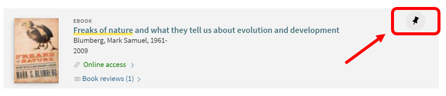 Screenshot of a library catalog record with the pin circled