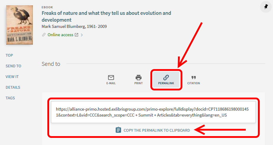 Screenshot of permalink in CCC Library's catalog.
