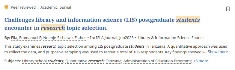 Screenshot of a citation from a database