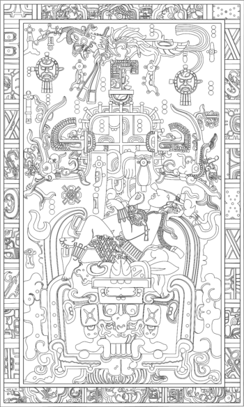 Intricate line drawing of a Mayan relief featuring a central figure reclining on an ornate structure surrounded by complex geometric and symbolic designs.