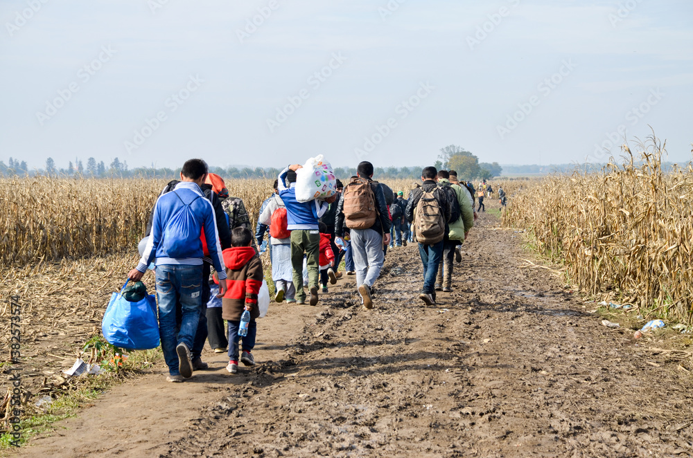 A group of people walking along a dirt path near cornfields, carrying bags and traveling together.