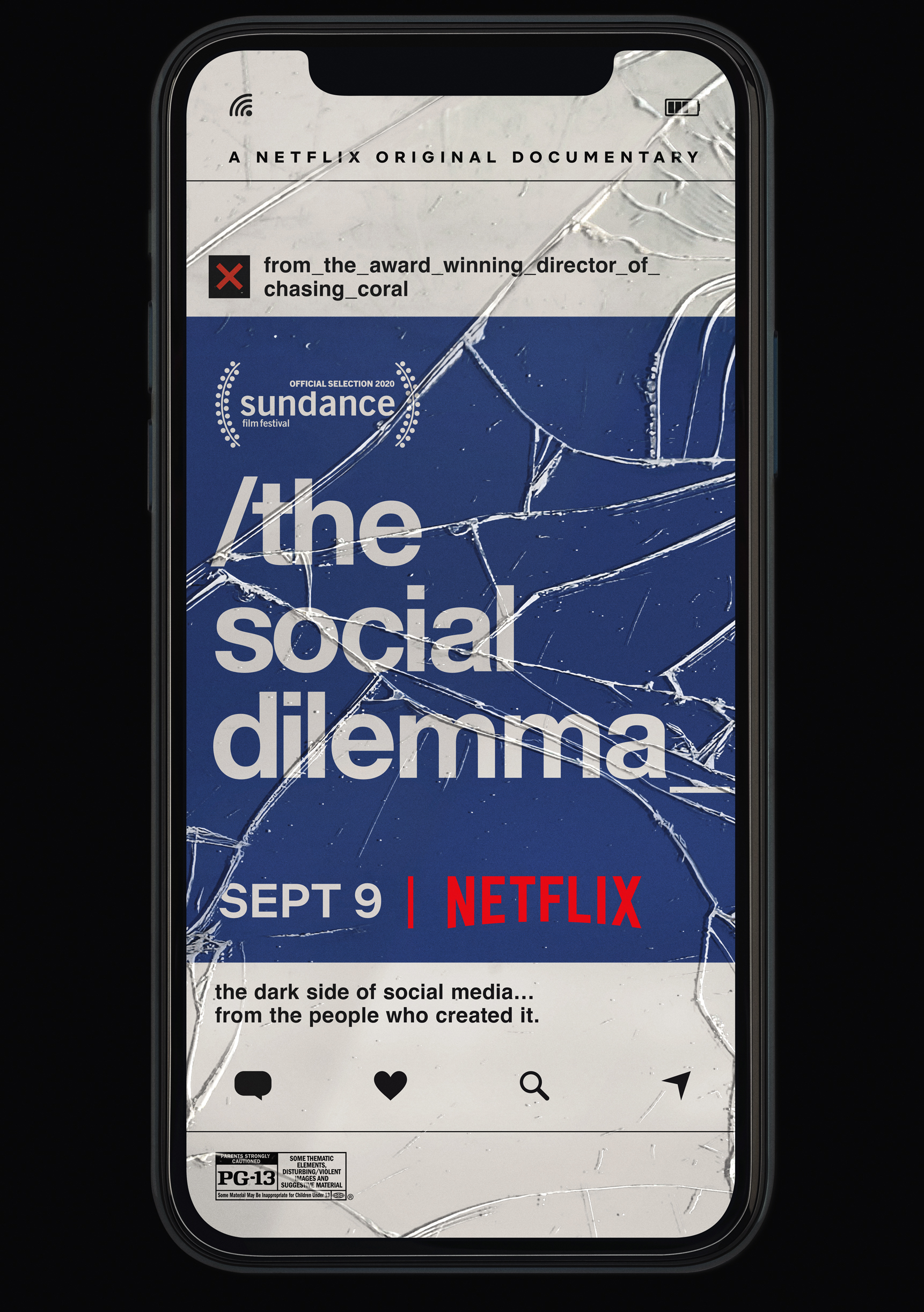 The Social Dilemma image displayed on a phone with a broken screen