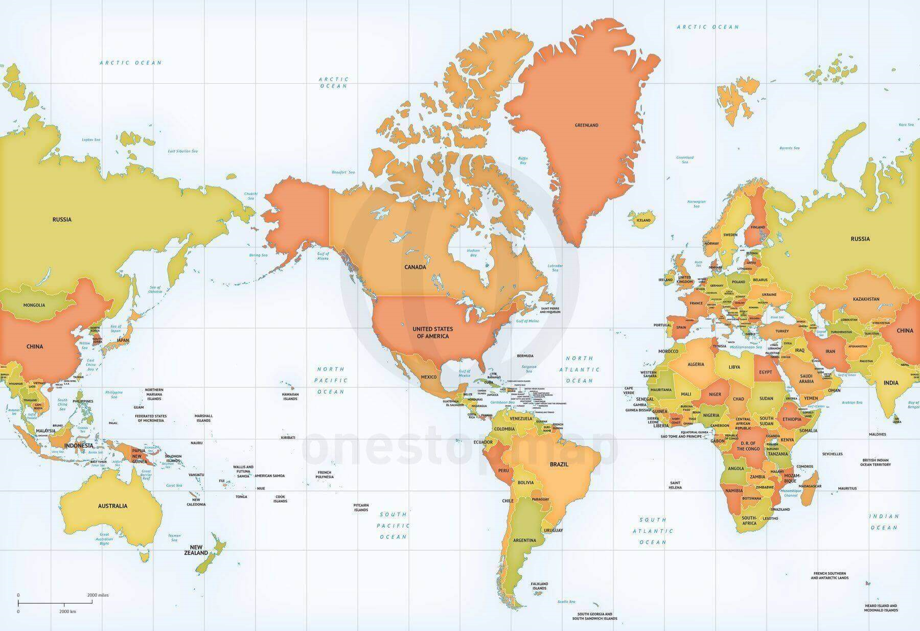 World map showing continents and countries in various colors, with labels for major seas and oceans.