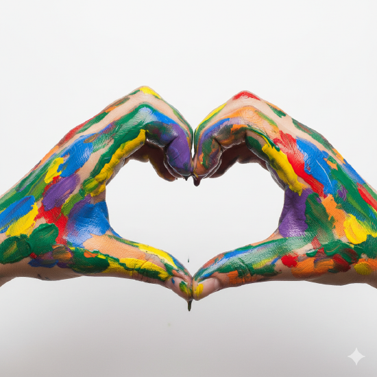 Painted hands coming together to form the shape of a heart
