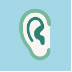 Icon of an ear on a light blue background, represented in a simple, stylized design.