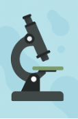 Illustration of a black microscope with a green slide on a light blue background.