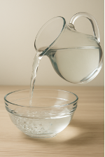 A glass pitcher pouring water into a clear glass bowl on a light wooden surface.