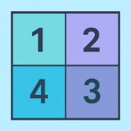 A 2x2 grid with the numbers 1, 2, 3, and 4 in each square, colored in light blue and purple.