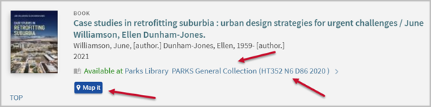 One of the items from a search in Quick Search. Arrows point to the item&rsquo;s collection, call number, and the Map it button"