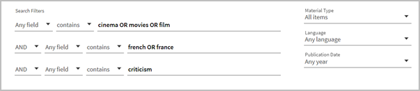Using nested search in Quick Search where the first line shows &ldquo;Any field contains cinemo OR movies Or film.&rdquo; The second line is &ldquo;AND Any field contains french OR france&rdquo; and the third line is &ldquo;AND Any field contains criticism.&rdquo;