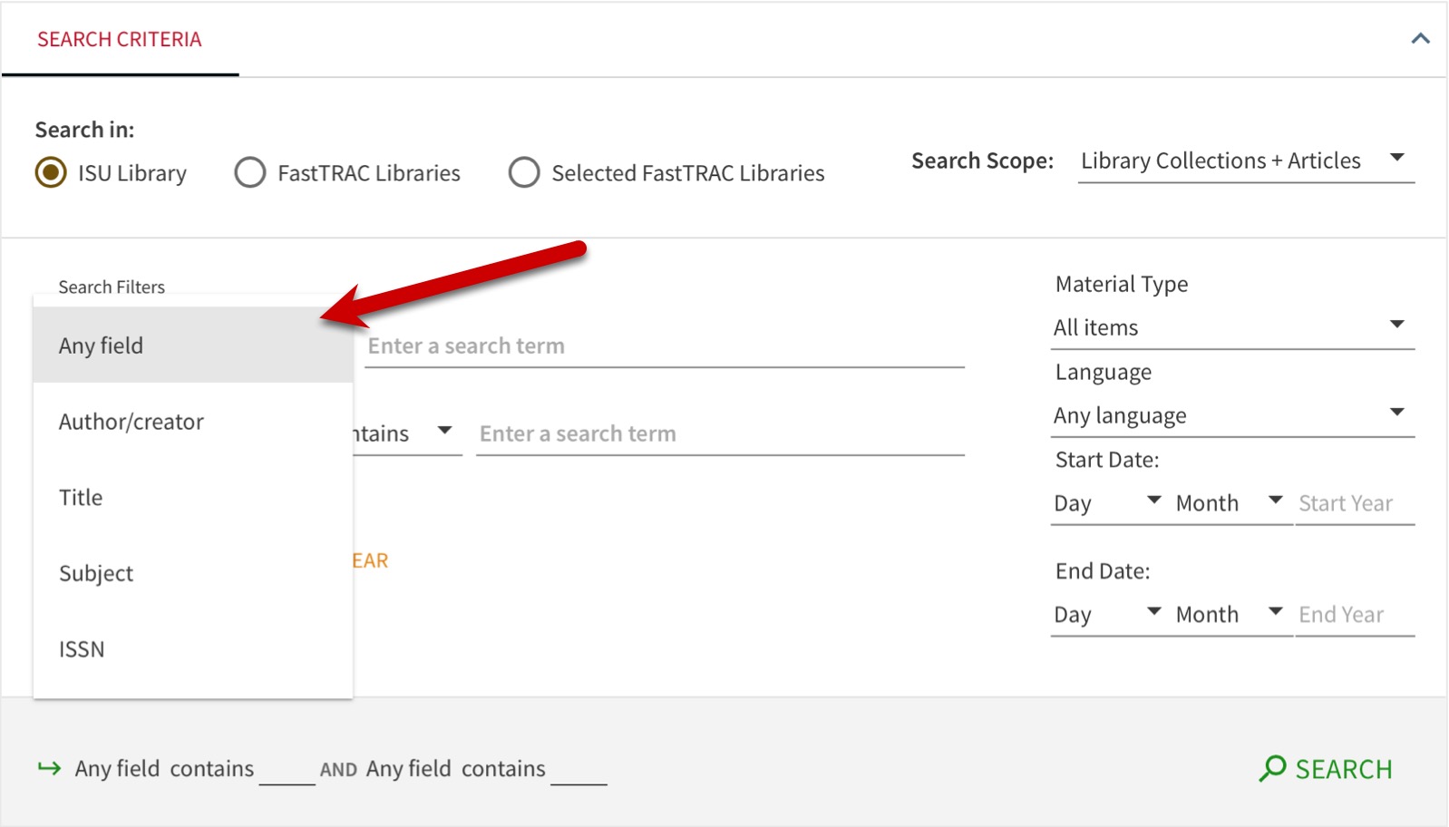 Field searching menu in Quick Search where the Any field menu is opened to display additional options like: title, author/creator, subject, isbn.