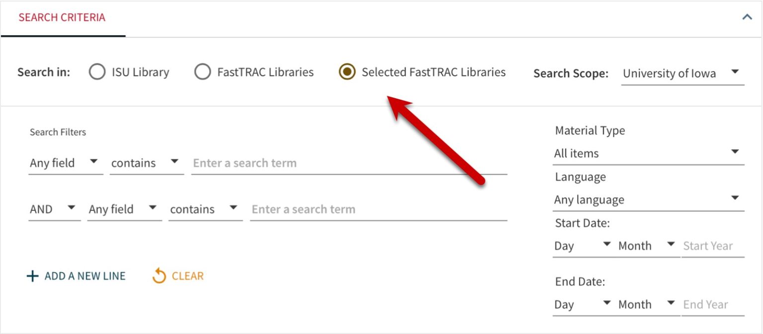 Quick Search&rsquo;s advanced search interface. At the top are 3 radio buttons. The linestarts with &ldquo;Search in:&rdquo; with choices of the ISU Library or FastTRAC or Selected Partner Libraries. Selected Partner Libraries is chosen and the Search Scope option displays University of Iowa.