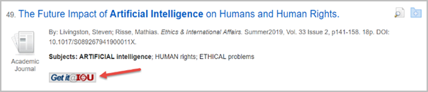 An article&rsquo;s short record from the results list. Beneath the basic information is the &ldquo;Get it @ ISU&rdquo; button with an arrow pointing at it.