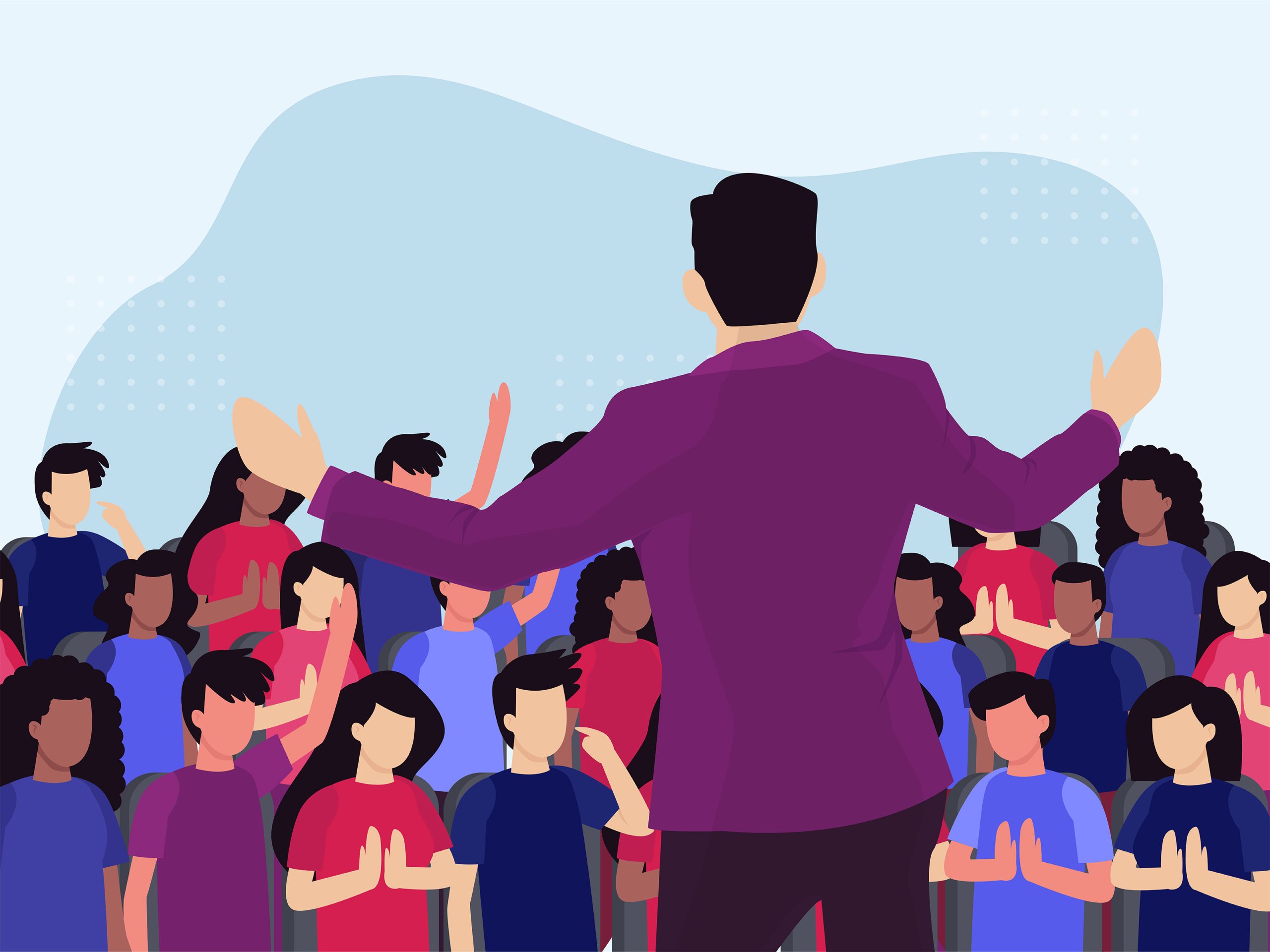 An illustration of a public speaker, seen from behind, addressing a diverse audience seated in rows. The speaker wears a purple jacket and gestures with open arms, engaging with the crowd. The audience is composed of people of different skin tones and hairstyles, dressed in red, blue, and purple outfits. Some audience members are clapping, raising their hands, or attentively listening. The background features a light blue abstract shape, suggesting an indoor auditorium or conference setting. The image conveys themes of leadership, communication, and engagement.