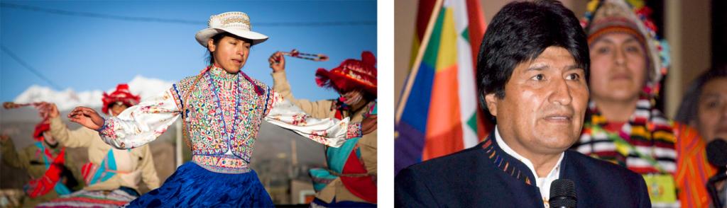 Left, person dancing in colorful Peruvian dress and hat. Right, portrait of dark haired man with flag and person dressed in colorful clothes behind.