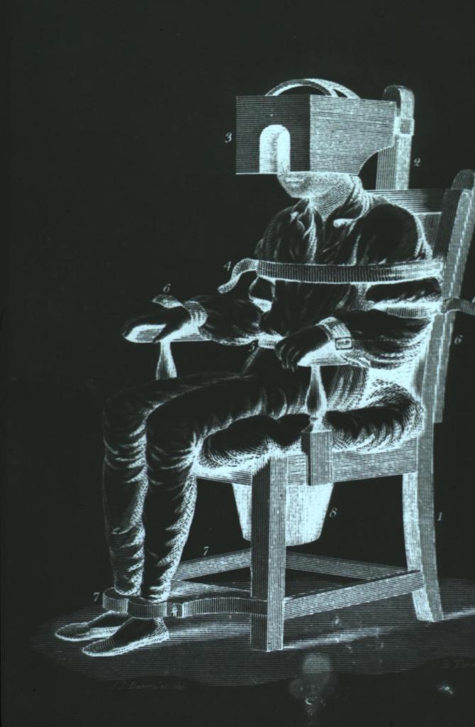 An illustration of a person sitting in a chair that holds their wrists, head, ankles and chest in place