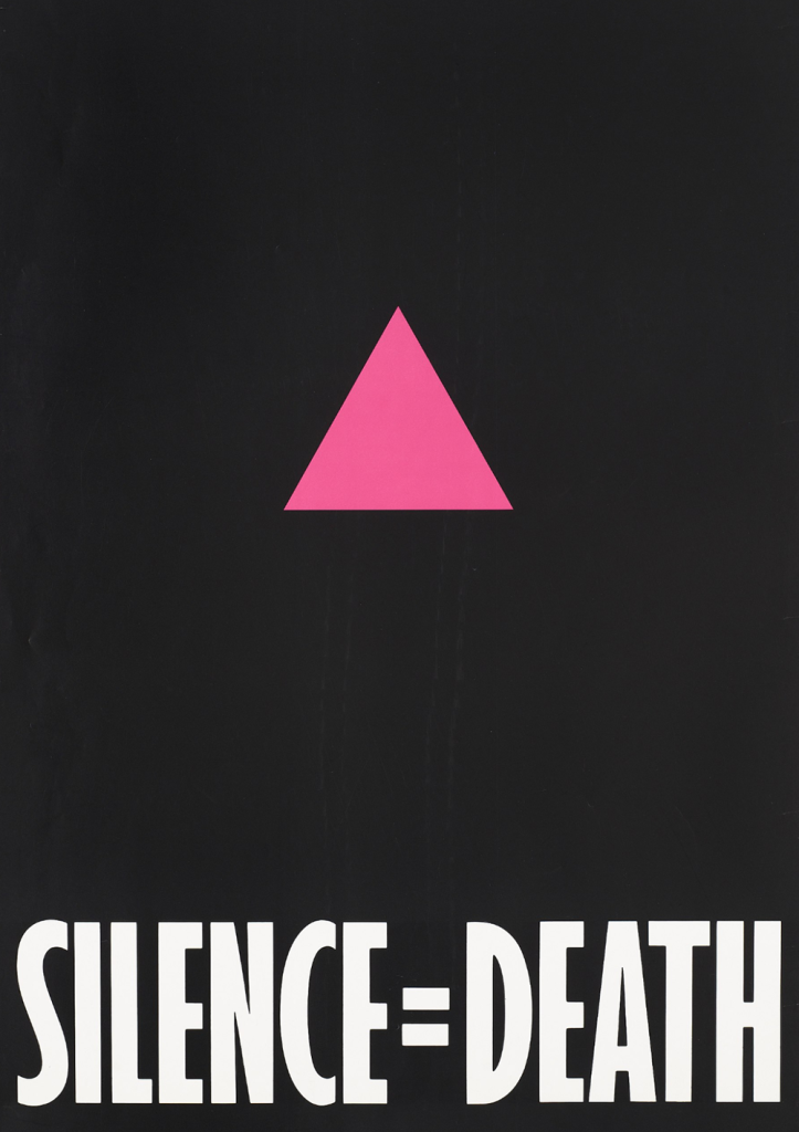 A pink triangle against a black backdrop with the words 'Silence=Death' representing an advertisement for The Silence = Death Project