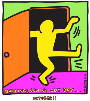 A bright yellow cartoon person, with no detailed features, in the process of coming out of a black room, through an orange door with a pink doorknob, into a room with bright green walls and a bright pint floor. To indicate movement, there are three black lines under the figure&rsquo;s waving right arm, three similar lines under their raised, outstretched right leg, and five lines radiate from their left foot as if they have just taken the last step out of a closet.