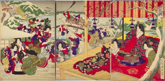 three women in Japenese garb sit on an elegant outdoor platform, observing men and women snow fighting below them.