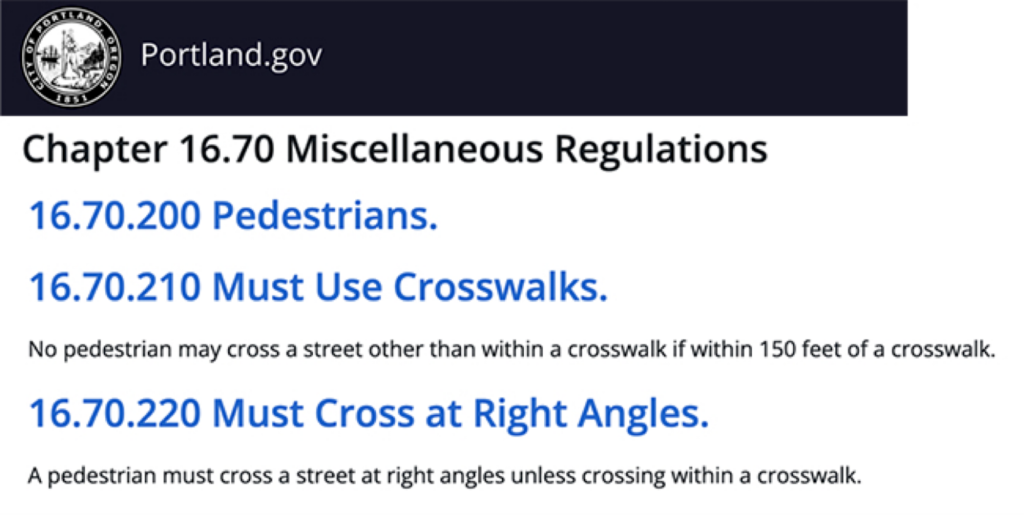 A clip of the Portland.gov website reads the miscellaneous regulations for pedestrians.