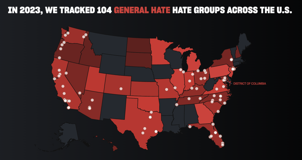a map of the united states, with states colored in different shades of red, or black. White dots are present on most states.