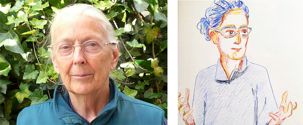 Left - A photo of a woman with white hair and glasses. Right - an illustration of the same woman.