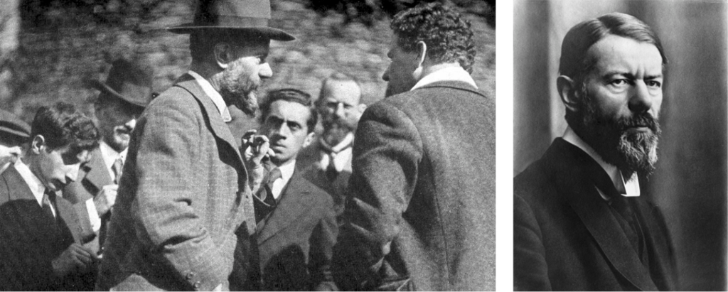 left, a black and white photograph of two men in discussion, in clothing from the early 1900s. Right, a portrait of one of the men during the same era.
