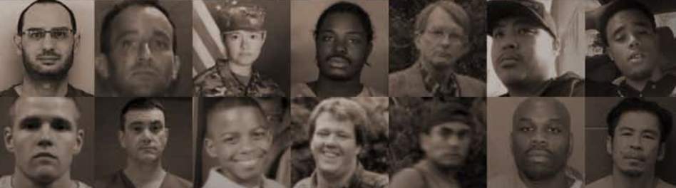 a sepia photo-collage of the portraits of 13 men and a woman