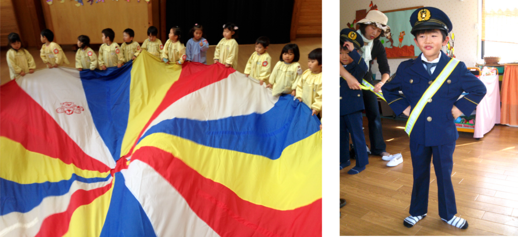 Students standing in a circle holding a colourful parachute playing a game. A young student wearing a police officer costume.