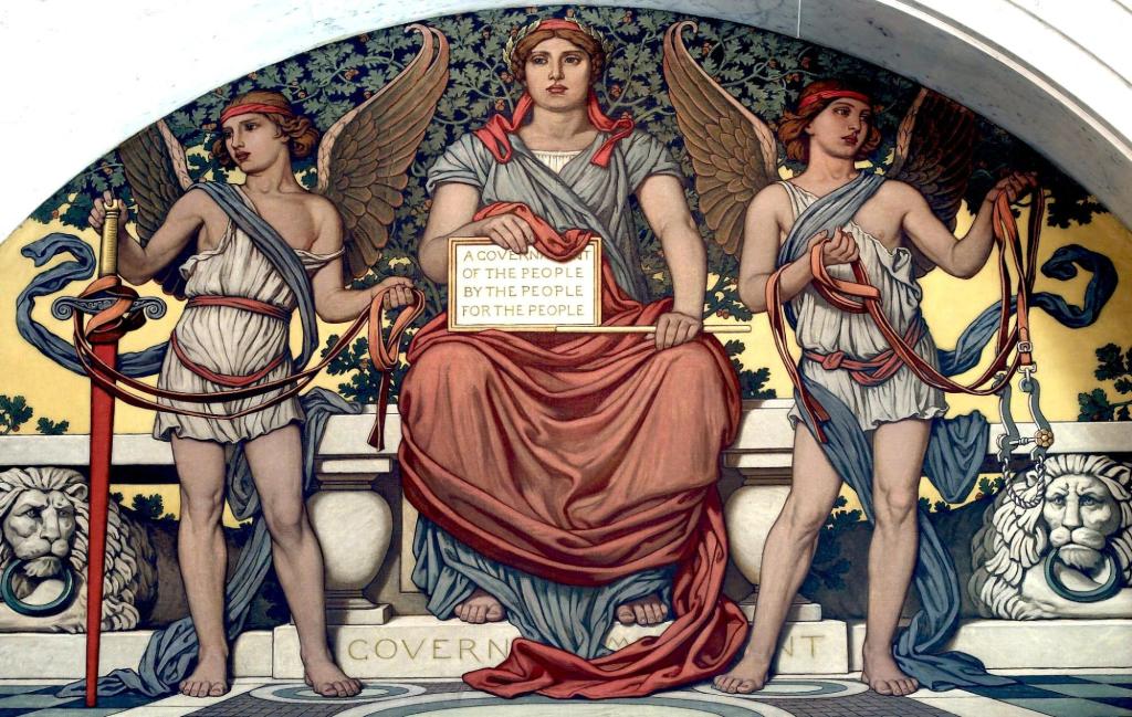 The main figure is seated atop a pedestal saying "government" and holding a tablet stating "a government of the people by the people for the people".