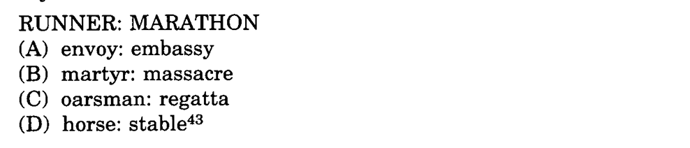 Runner is to Marathon as... A envoy is to embassy; B martyr is to massacre; C oarsman is to regatta; D horse is to stable