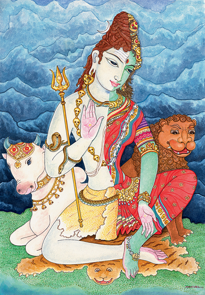 a colorful painting of the deity Ardhanarishvara, seated, with elaborate dressing and jewelry, a lion to the right, a bull to the left.